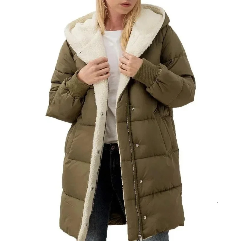 Cotton lined long sleeved jacket with double-sided velvet Parkas womens winter coat hooded slim fit open top jacket 241022