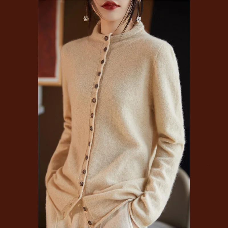 Veste en laine mérinos pour femmes automne et hiver stand up collier multi-bouton pull en tricot à la mode en laine tricot tricot cardigan 241022
