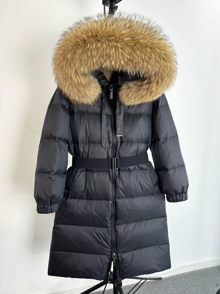 Janveny Winter Long Puffer Jacket Women Real Raccoon Fur Collar Hooded 90% White Duck Down Thickened Warm Belted Coat 241022