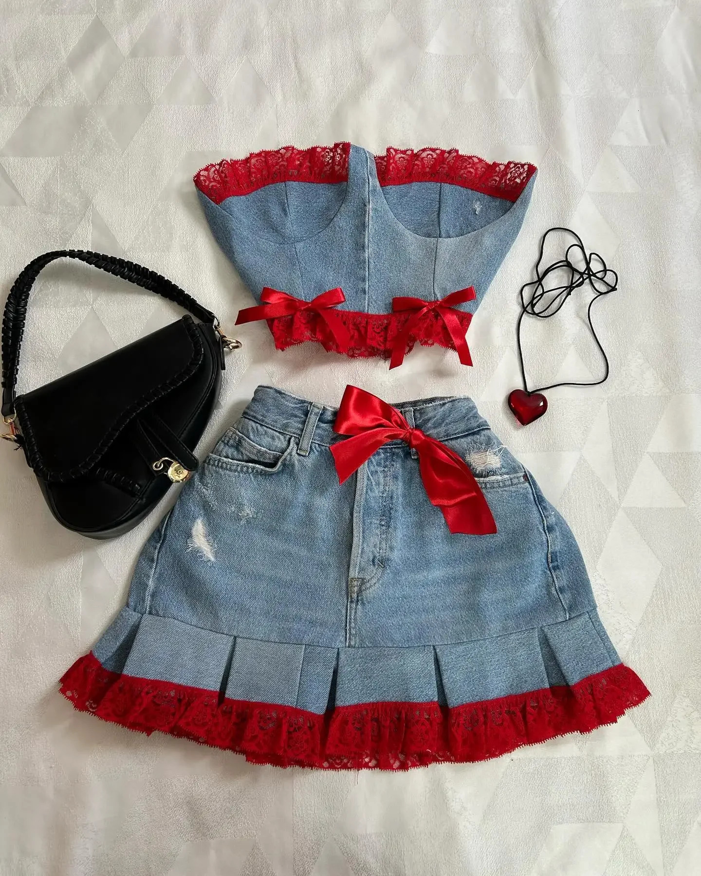 Y2K Fashion Set Cowboy Tight Coat Harajuku Sexy Bow Ultra Thin Tube Top Low Waist Mini Tight Coat Gothic Kavay Womens Wear 241021