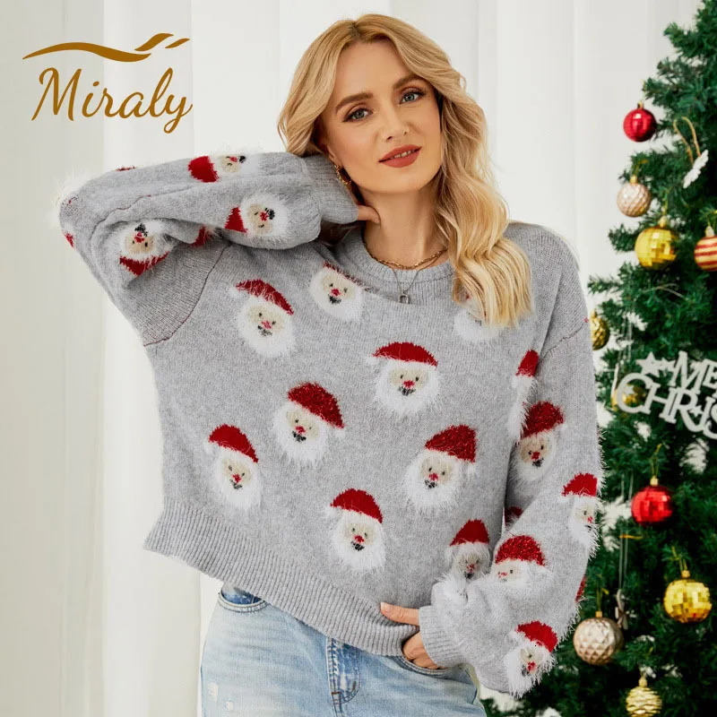 2025 Pulllaon tricoté de Noël pour femmes Hiver Chaussade de travail à manches longues Santa Claus Pull parachute imprimé 241021