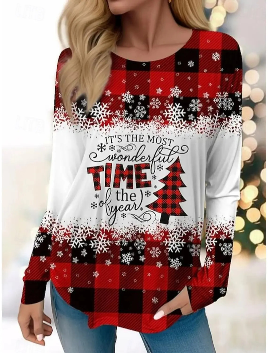 Christmas womens sportswear er round neck long sleeved loose casual Christmas tree white snowflake interesting pattern printed top 241021
