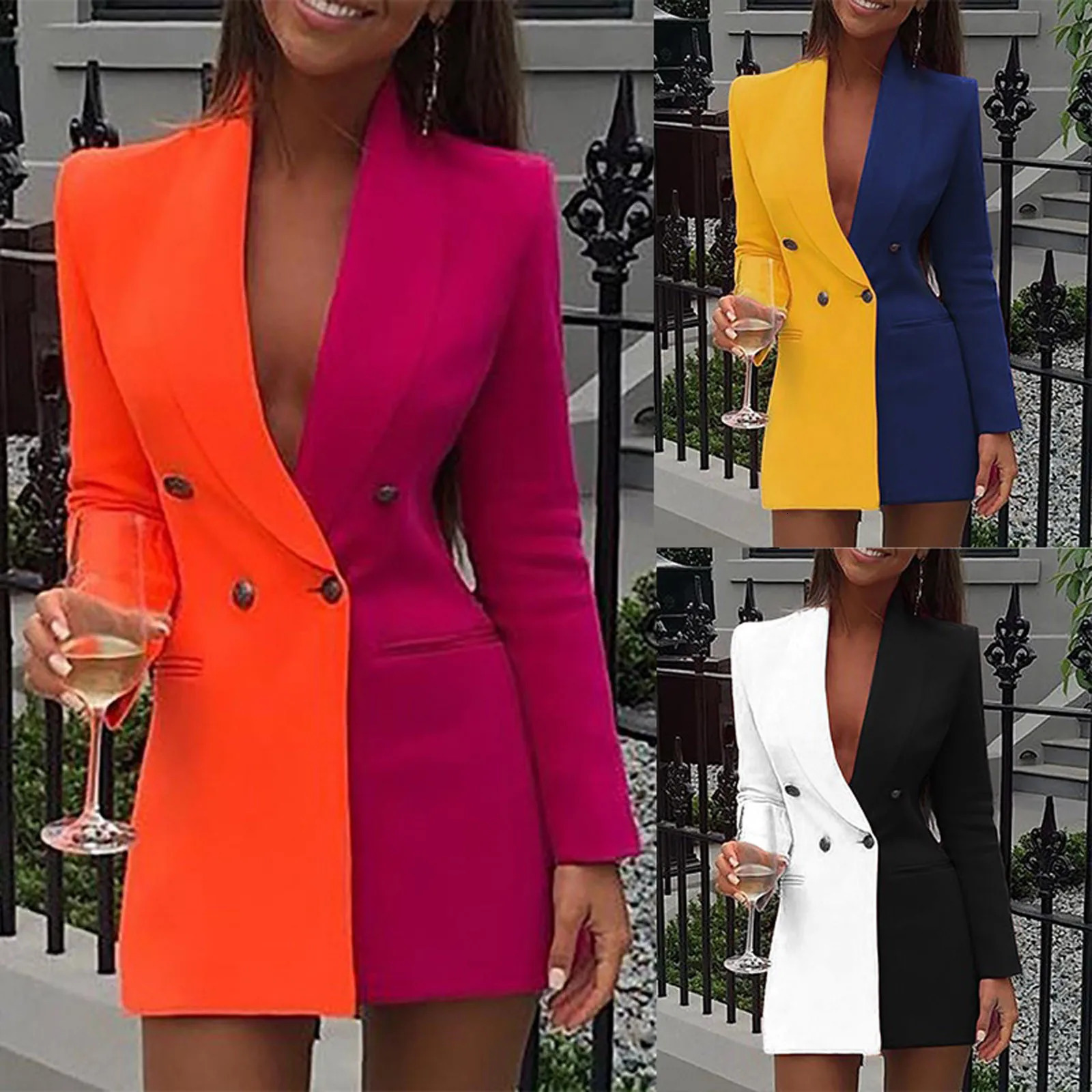 Fashion color block splicing work womens jacket dress spring and autumn double chest long sleeved V-neck ultra-thin jacket set 241021
