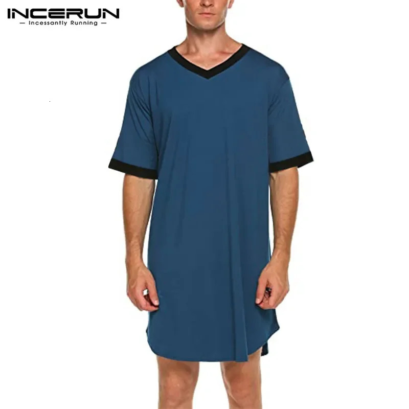 INCERUN Mens Nightgown Fashion Patchwork Solid Sleepwear Short Sleeve Bathroom Loose V-neck Home Wear S-5XL 241019