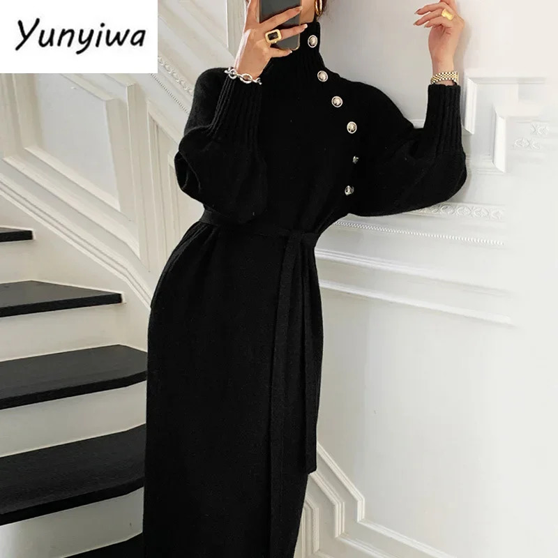 Winter Turtle Neck Button Womens Knitted Dress Elegant Full Sleeve Lace Womens Thick Long Dress Suitable for Sweaters Autumn Style 241019