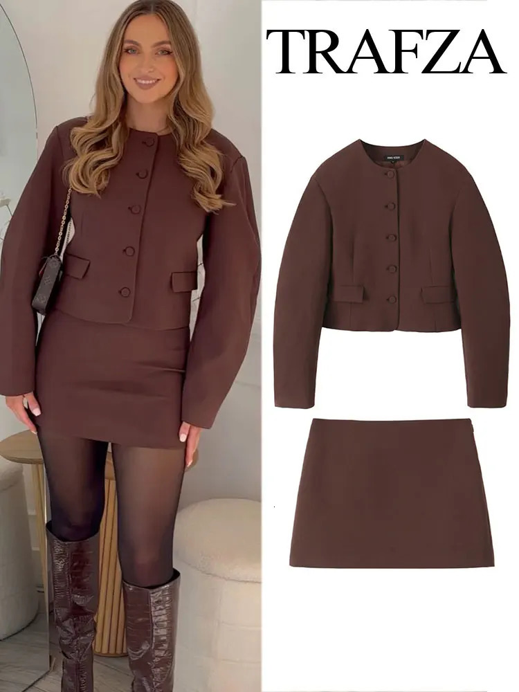 TRAFZA Womens 2-piece Retro O-neck Pocket Bordered Single breasted Casual JacketHigh Waist Ultra Thin Autumn Dress 241021