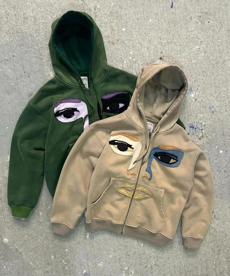 American High Street Fashion Y2K Cartoon broderie à sweat à capuche surdimensionné Men Street Retro Hip-Hop Casual Zipper Femmes 241010
