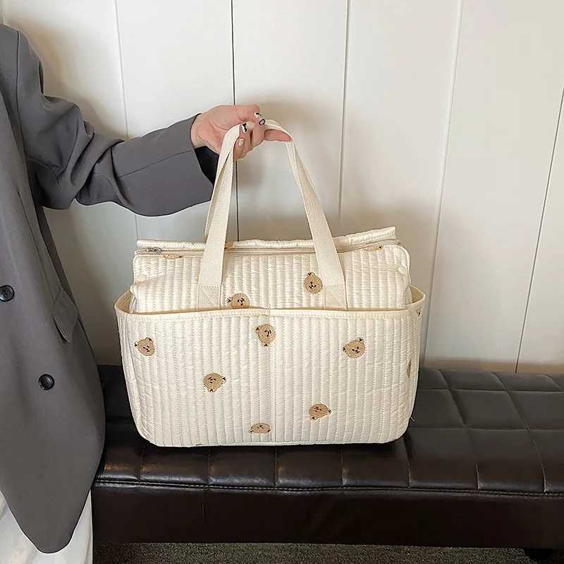 Korean Style Diaper Bag Large Capacity Portable Baby Stroller Bag Organizer Embroidery Bear Olive Mommy Maternity BagC250326-image-1050589109