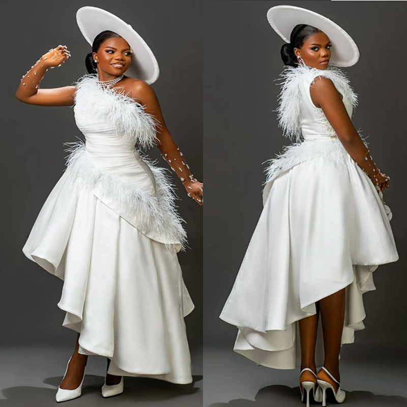 2024 African Nigeria Plus taille robe de mariée robes nuptiales pour la mariée illusion à plumes transparente les robes de mariée en satin à plus