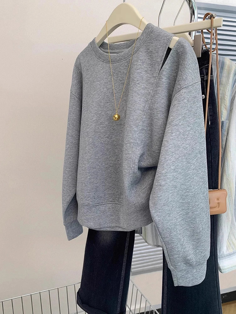 Autumn Round Neck Shoulder Hoodie Loose Casual Edition Long Sleeve Sportswear Womens Zipper Top 241022