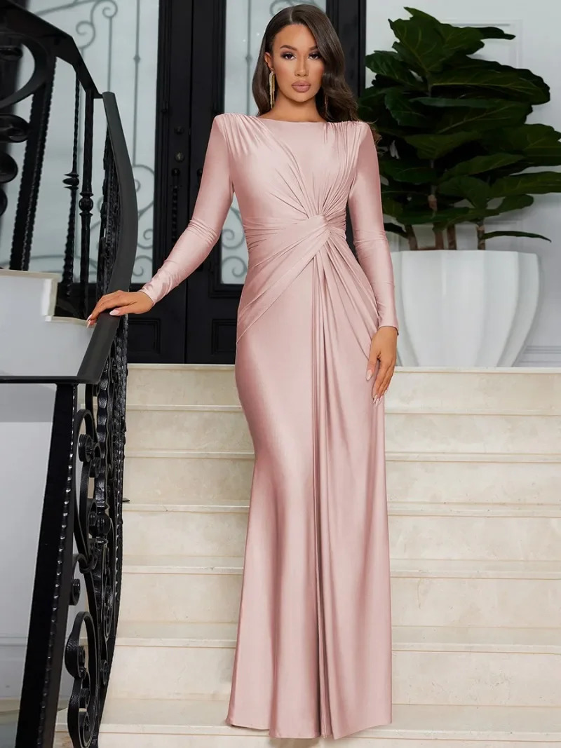 Élégant taille haute taille plissée longue robe de femmes rose maxi automne