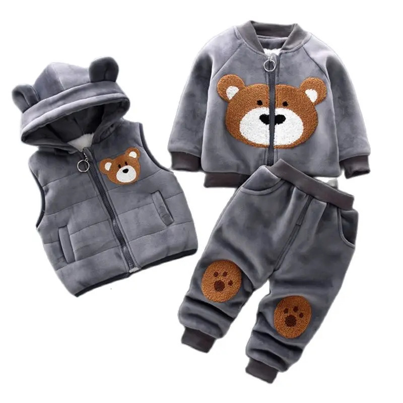 Automne et hiver bébé garçon vêtements ensemble laine épaisse dessin animé ours veste gilet pantalon 3 pièces coton sport ensemble 241024