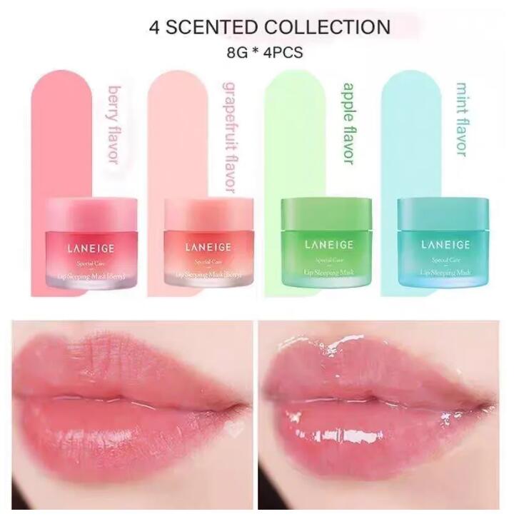 Masque de sommeil à lèvres 8G 4pcs Set Balm de la nuit Réparation nocturne Hydrating Nutritious Lip Care Mini Kit cadeau 4 Collection parfumée