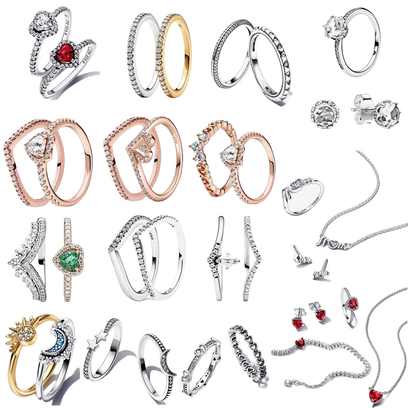 925 Coupages en argent Anneaux de mariage pour femmes Designer Bijoux de Noël Gift Diy Sun Moon Ring Collier Boucles Bracelet Ensemble avec boîte