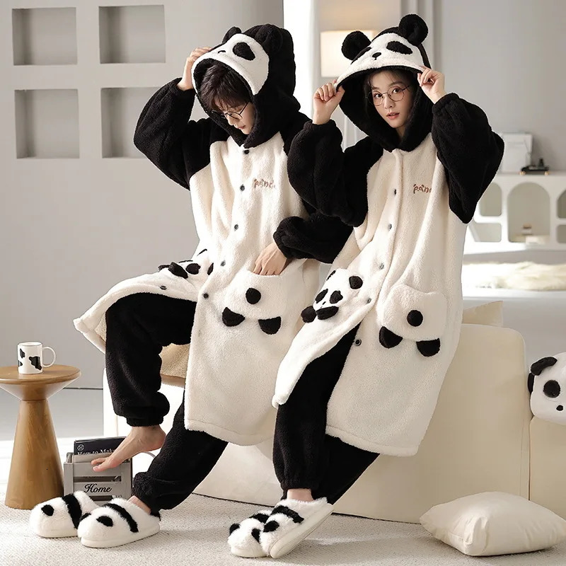 Women Pajamas Couple Pajamas Womens Winter Two Piece Sets Thickened Long Sleeve Hooded Bath Robes Trousers Panda Warm Flannel Men loungewear Sleepwe