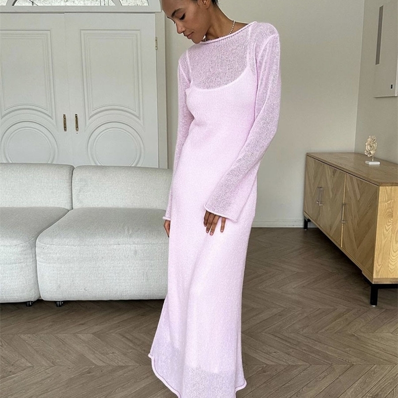 Hirsionsan Spring Autumn ONeck Elastic Knit Long Dresse 2024 Elegant Chic Soft Lady Hollowing Sweater Dresses Femme 241007Z