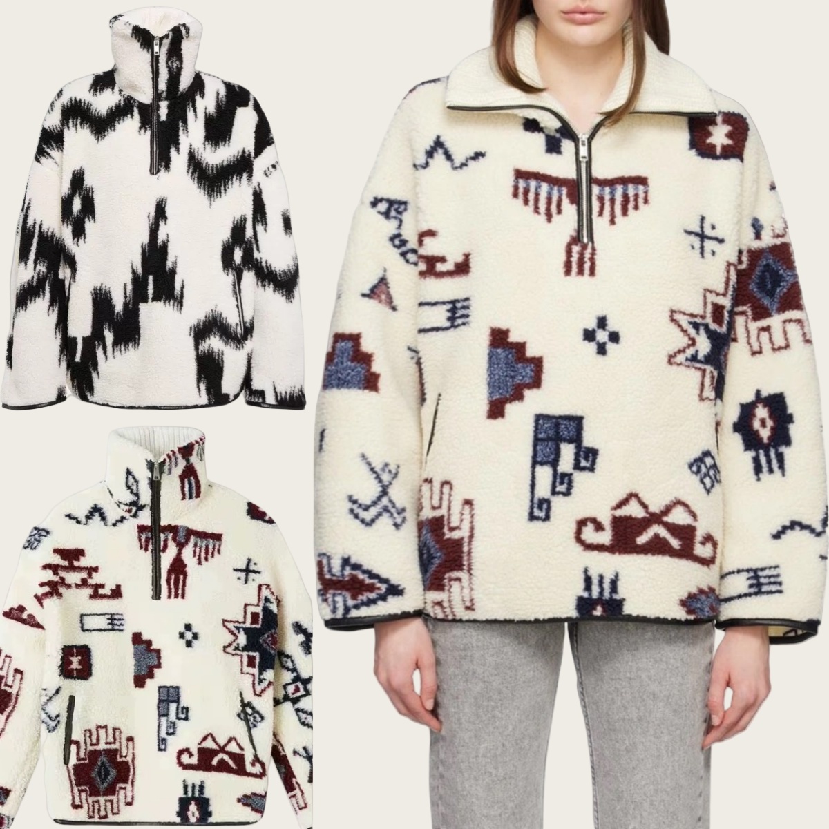 Fleece zipper sweater jacket printed designer wool blend marrant half zippered collar casual women tops winter warm outwear