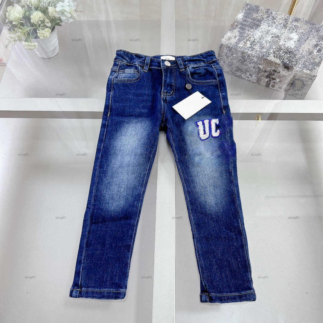 Brand baby Washed jeans autumn denim kids pants kids designer clothes Size 100-160 CM Plush logo design child trousers-image-1028116226