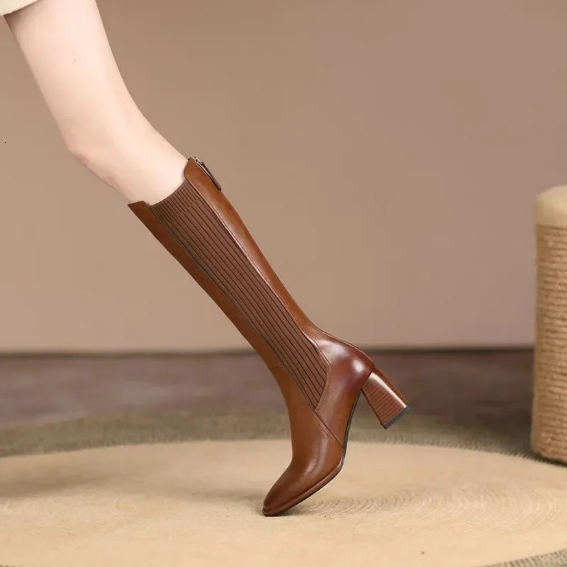 Womens knee thick high sock boots winter tube boots womens elegant autumn brown black high-heeled elastic boots 250225