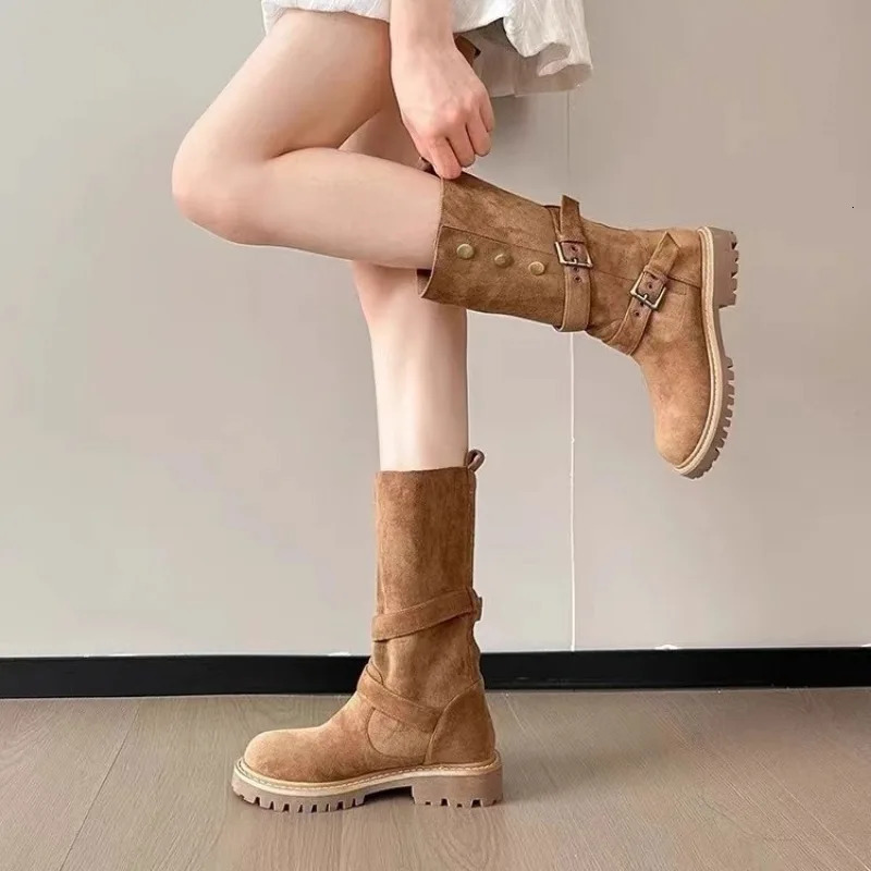 Retro platform Western womens denim boot button autumn and winter womens denim shoes suede fashionable casual womens boots 250225