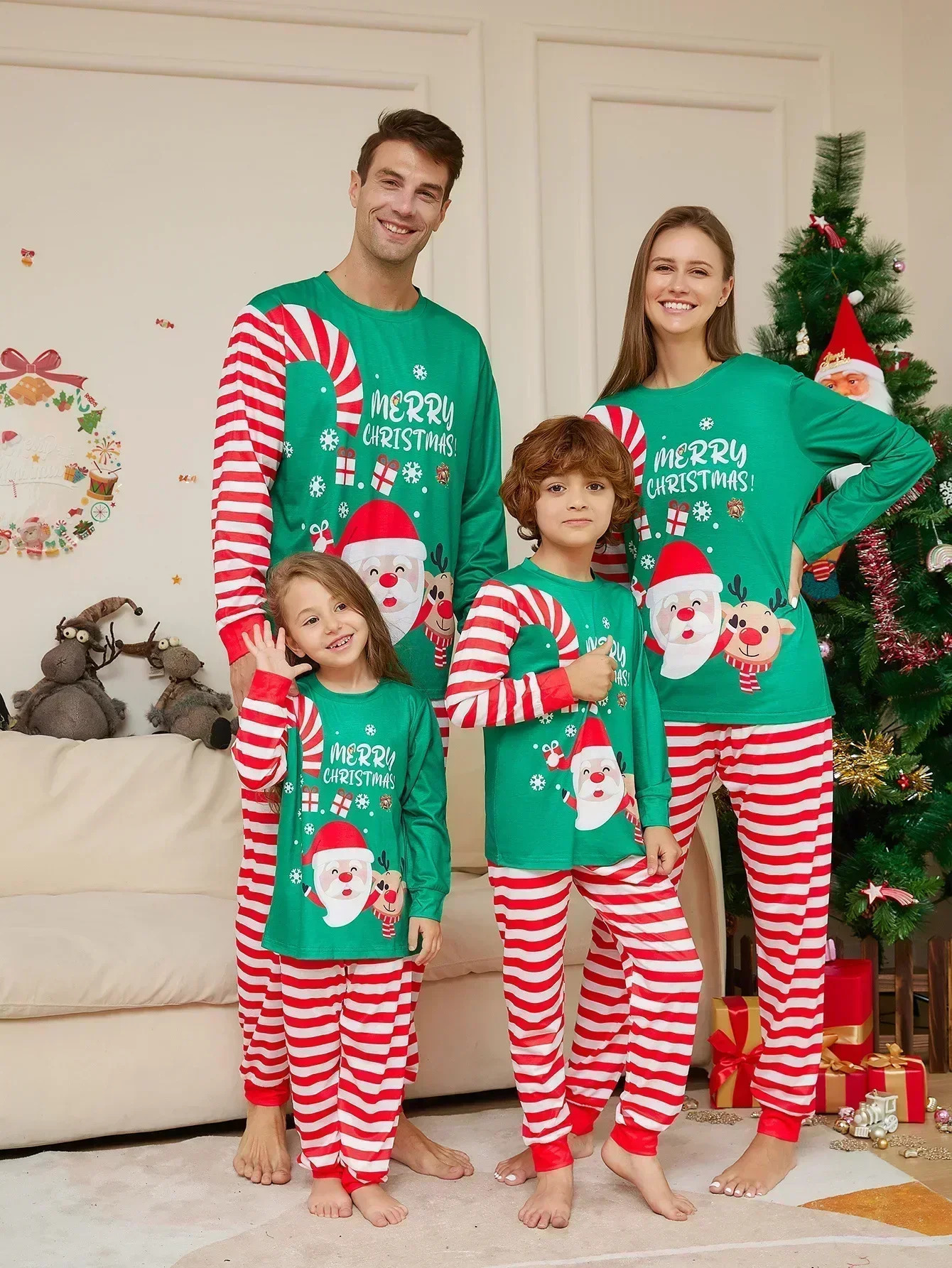 Merry Christmas Cartoon Striped Print Family Pajamas Set Mom Dad Kids Matching Clothing Sets Baby Dog Romper Xmas Look Pyjamas 241024-image-1028212592