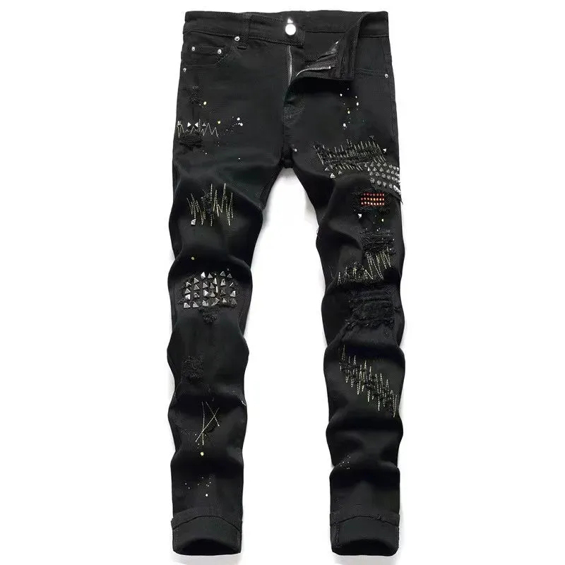 AM Shirts Men's Designer Jeans High Quality Streetwear Embroidered Pants Women's Ripped Patch Hole Denim Fashion Brand Slim Fit 6D2
