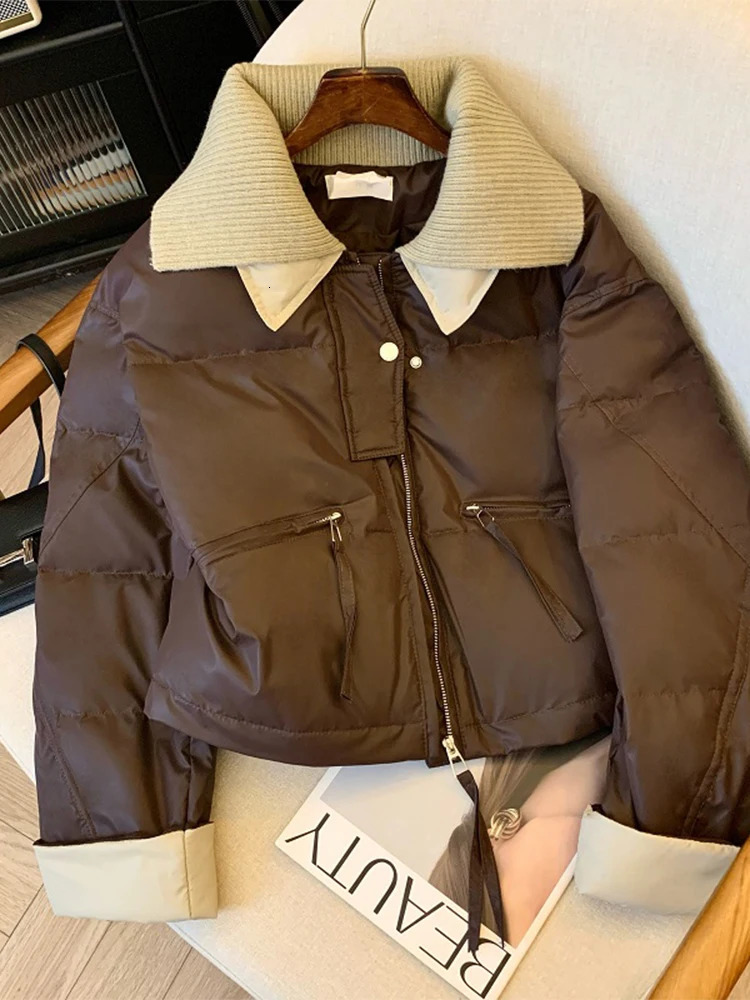 Womens coffee Parka Harajuku 90s bread long sleeved thick Korean warm apron jacket retro winter 241025