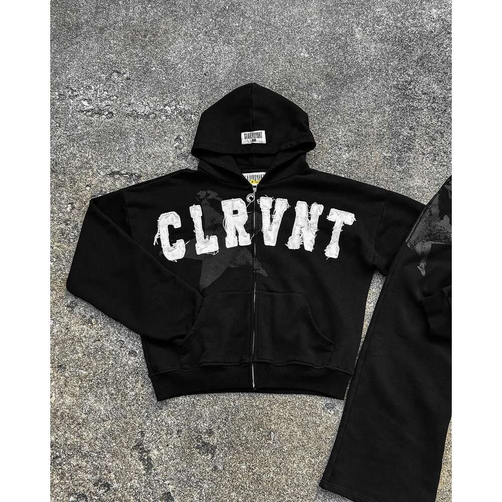 Men's Hoodies Sweatshirts Black CLRVNT Trendy Brand America Streetwear Y K Letter Patchwork Zip Up Hoodie Gothic Punk Rock Men Women Sweatsuit