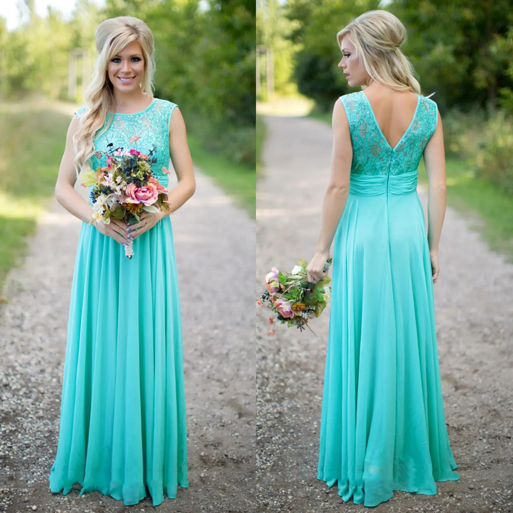 Robe de demoiselle d'honneur longue simple en mousseline avec dentelle A Line Country Beach Wedding Party Robe Empire Sans manches sans manches O