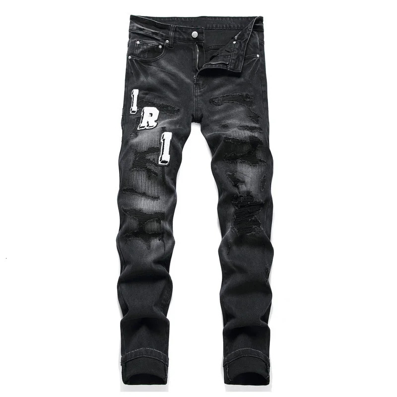 Mens retro black jeans with ripped holes trendy stretch slim fit fashionable pants versatile mens 241025