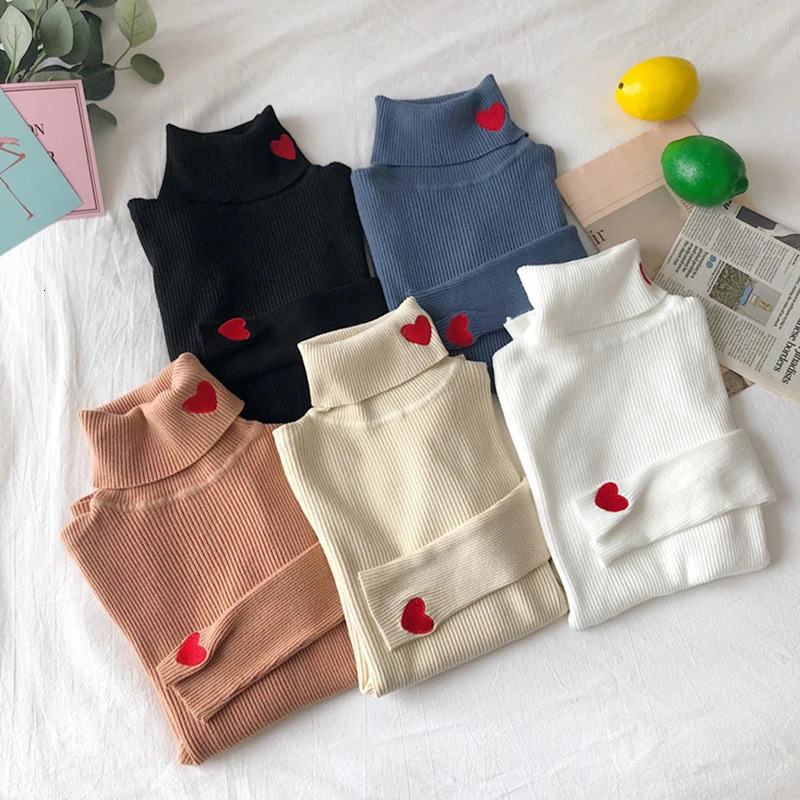 Heart Embroidery Turtleneck Knitted Women Sweaters Ribbed Pullovers Autumn Winter Basic Sweater Female Soft Warm Tops 241025