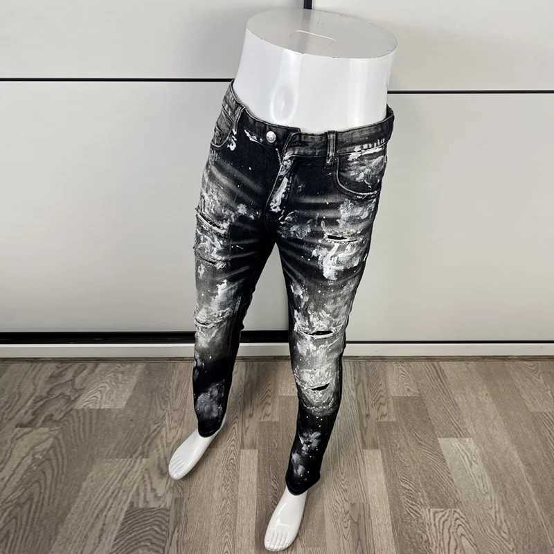 High purity fashionable retro black gray elastic tight open collar jeans mens painted designer hip-hop brand pants Hombre X 26L0507