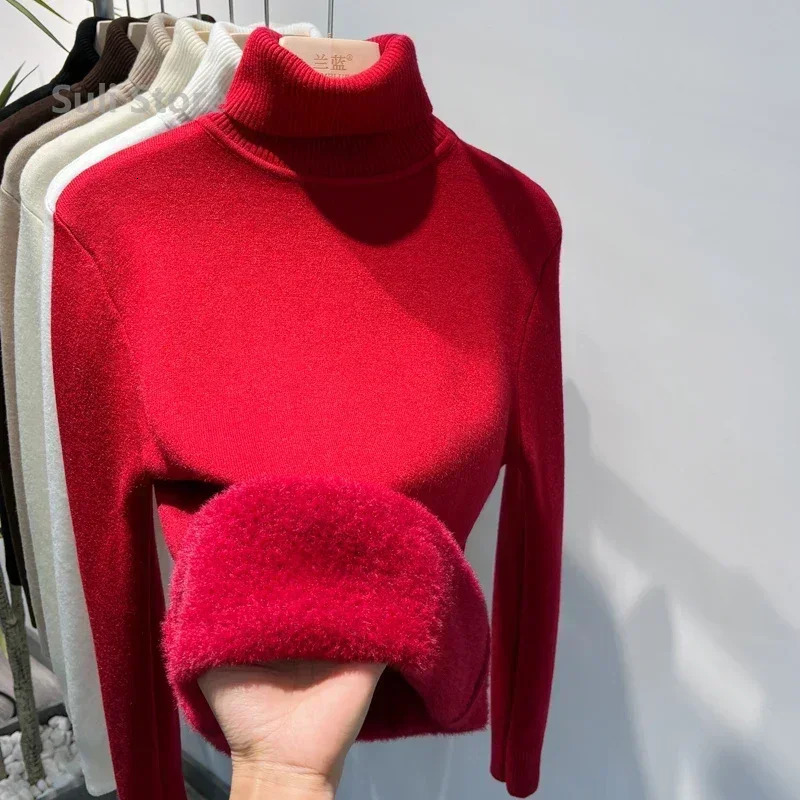 Pull à col tortule pour femmes hiver en velours rouge rétro doublure épaisse doublure en tricot en bas 241025