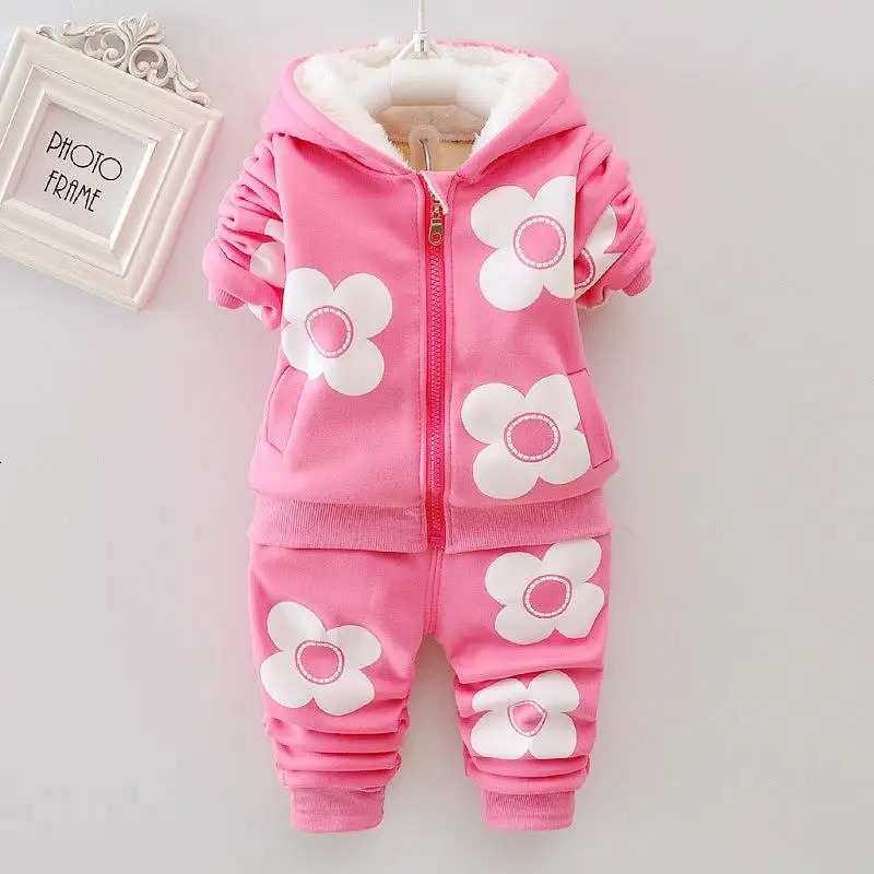 Bébé filles fleur dessin animé épaisse en laine en laine d'automne hiver hoodied veste manteau pantalon de vêtements d'enfants enfants vêtements