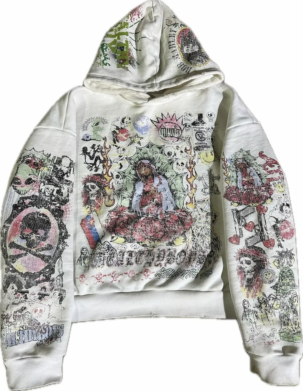 Y2K Graffiti Style Zipper Hoodie Mens Harajuku Retro Printed White Sports Shirt looped Cotton Casual Clothing 241025
