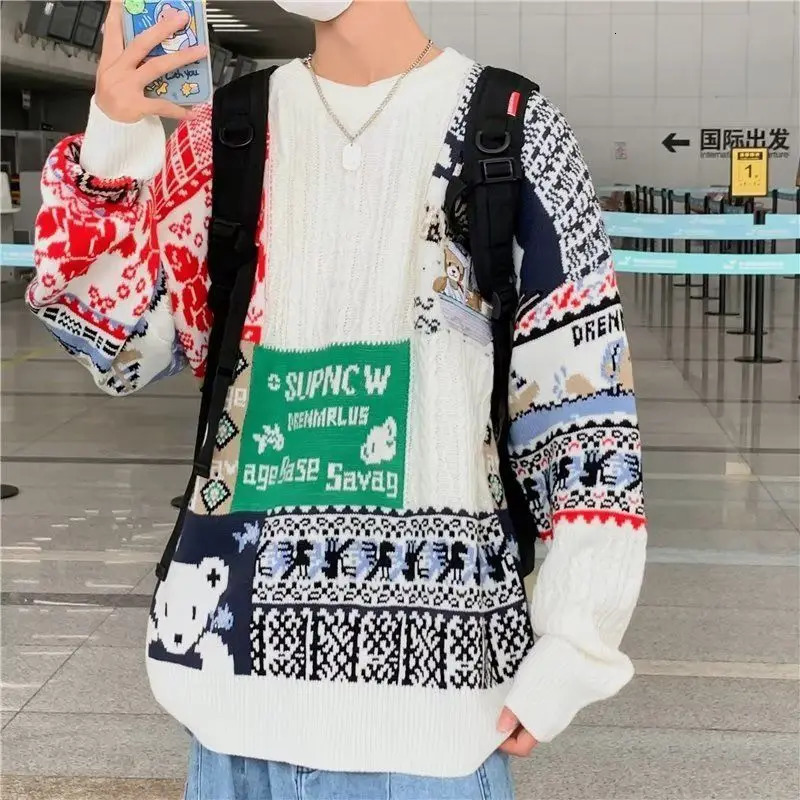 Couleur d'épissage bloqué un pull de Noël épais pour les hommes et les femmes automne / hiver rétro couple coule rond et tricot tricoté 241024