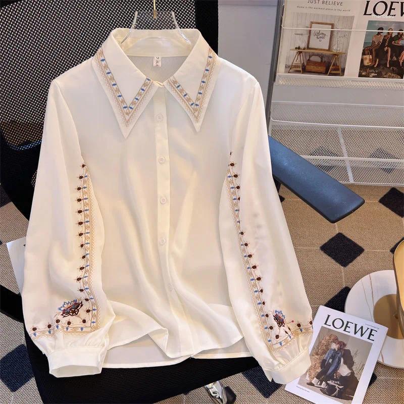 Women's Blouses Elegant Embroidery Women Turn-down Collar Single Breasted Work Wear Shirts White Floral Loose Versatile Long Sleeve Tops