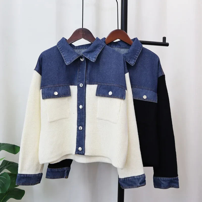 Pullage denim Bouton de cardigan pour femmes Travaux d'épissage printemps et automne Retro Winter Street Clothing Y2K Parachute Veste Cardigan Pu