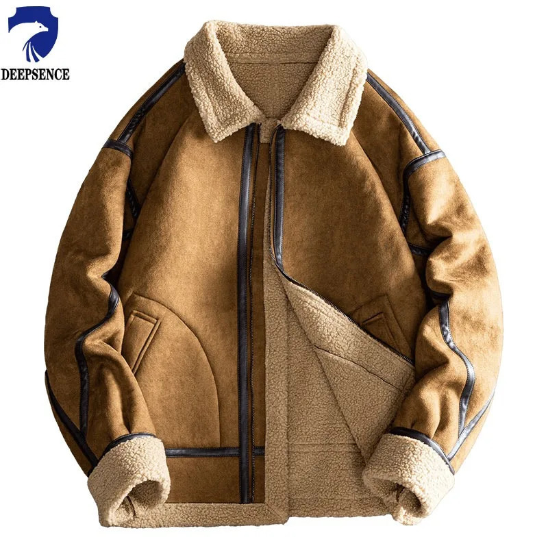 Veste d'hiver masculine en daim décontracté mode chaude couleur solide grande poche parka sport veste en peau d'agneau à vent 241025