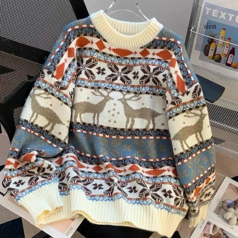 Vintage Christmas Mens Vêtements de cerf Jacquard Sweater lâche et paresseux pour l'automne et l'hiver pour hommes et chandails pour femmes Vêtem