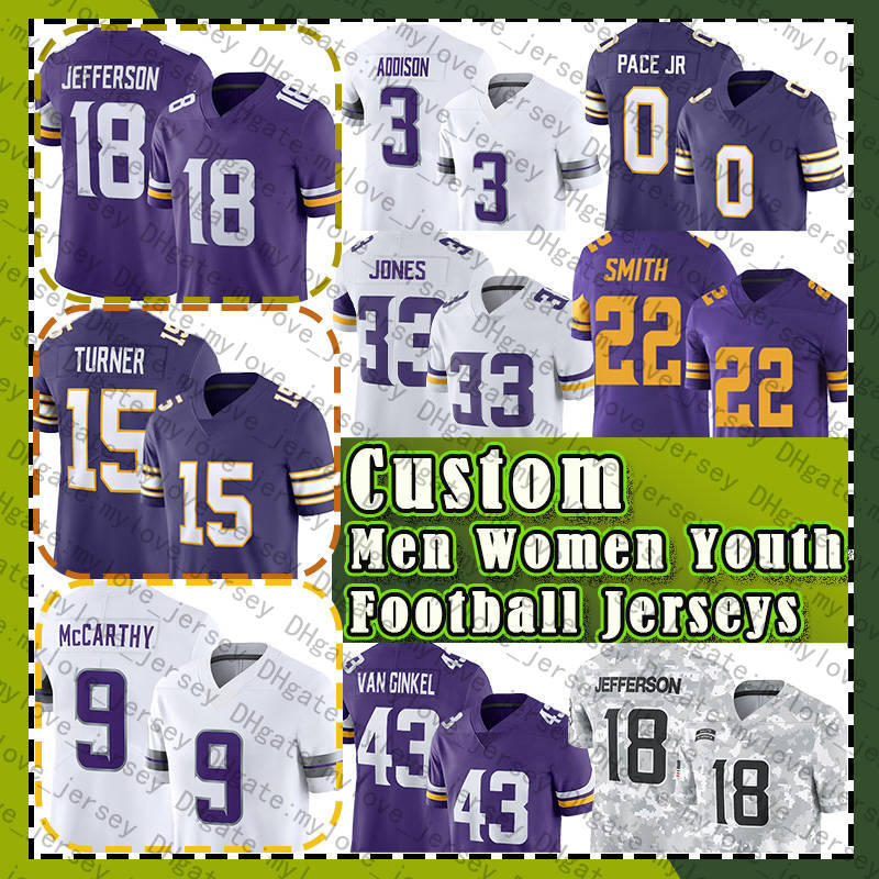 J.J. McCarthy Jerseys 3 Addison 15 Turner Football Minnesotaes Vikingss Justin Jefferson T.J. Hockenson Aaron Jones Randy Moss Cris Carter C.J. Ham