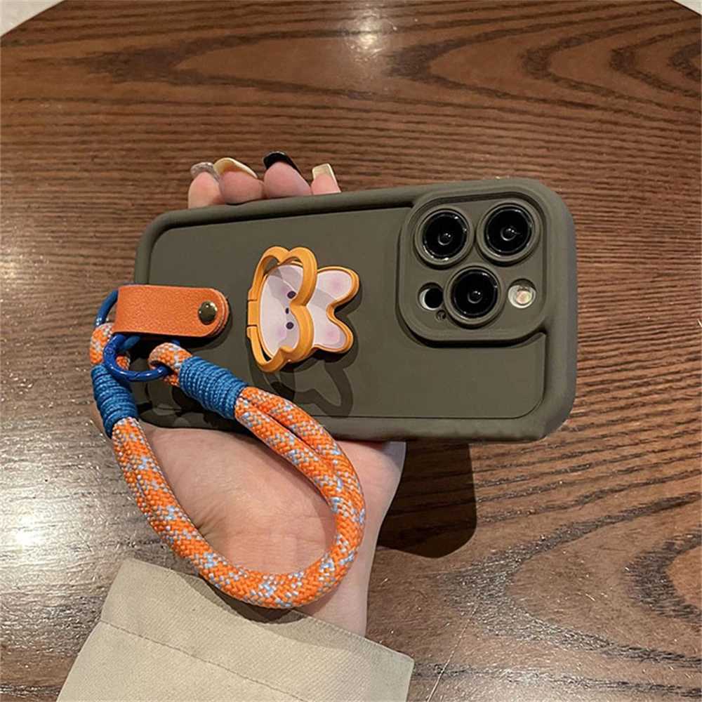 Phone case INS 3D Ring Rabbit Holder Candy Phone Case For iPhone 14 15 16 Pro Max 12 13 Pro 11 XR 7 8 Plus Lanyard Cute Korea Cartoon Cover C2510