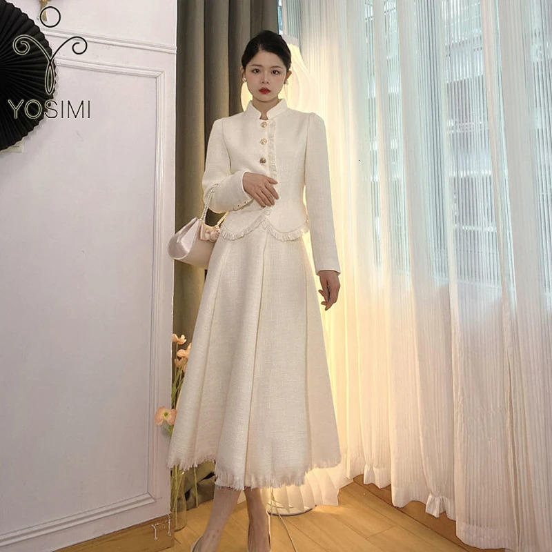 YOSIMI Chinese style elegant womens two-piece set long sleeved jacket and skirt autumn and winter set 241028