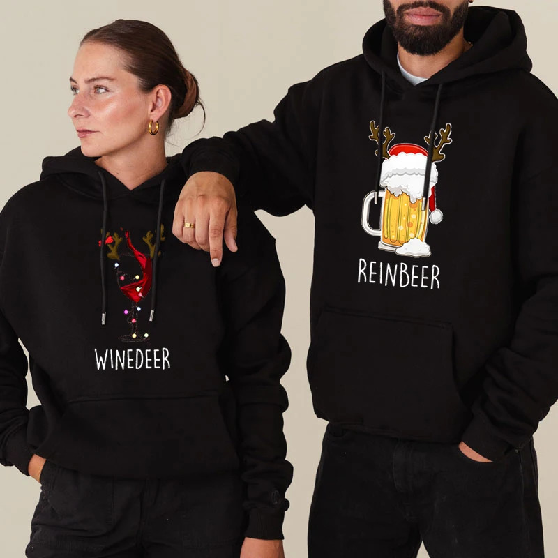 Sweat à sweat de Noël assorti des femmes Winedeer Reinbeer Imprimé de bière de bière de bière veste lâche et à la mode couple Pull de Noël 241024