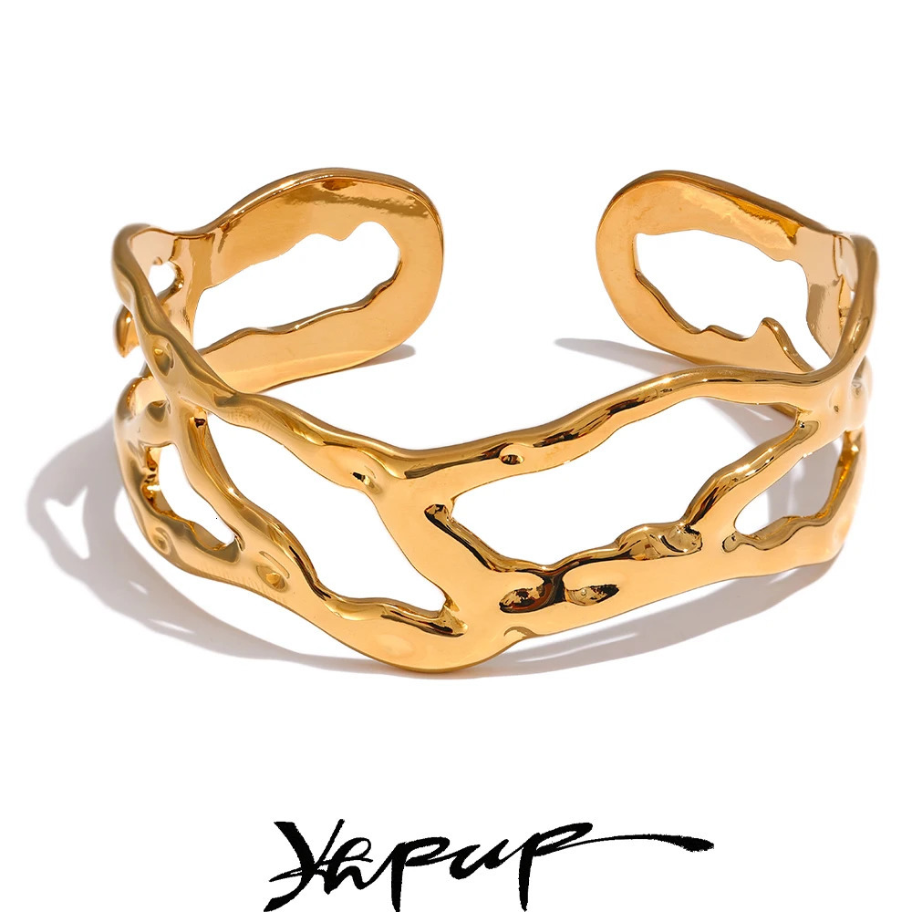 Yhpup Stylish Unique n Stainless Steel Metal Hollow Wide Cuff Bracelet Bangle Texture Rust Proof 18K PVD Plated Jewelry 241028
