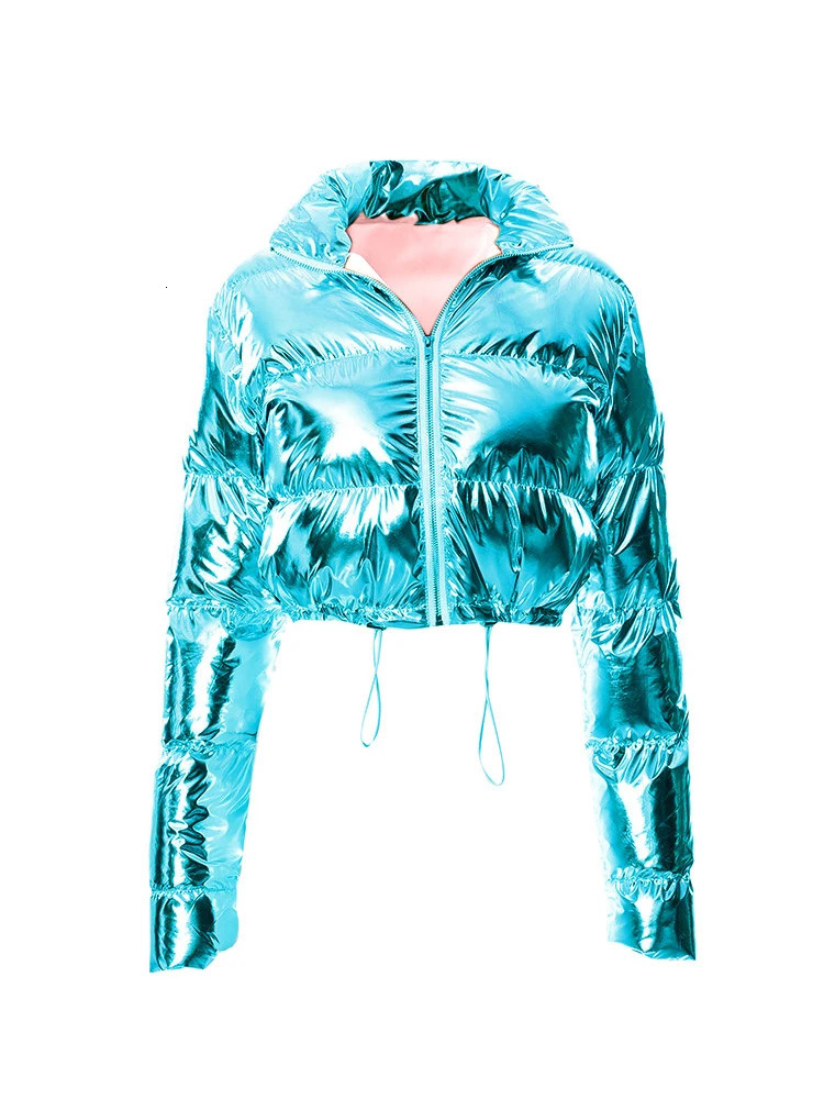 Blue Metallic Shiny Bubble Quilted Coat Women Winter Warm Parkas Fashion Ladies Long Sleeve Cropped Puffer Jackets Gold 241028