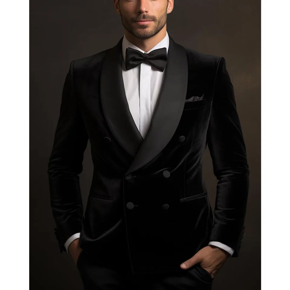 Mens 2024 mode 2 pièces Double coffre marié noire robe de soirée de mariage collier collier velours mens porter des vestes pantalons 241028