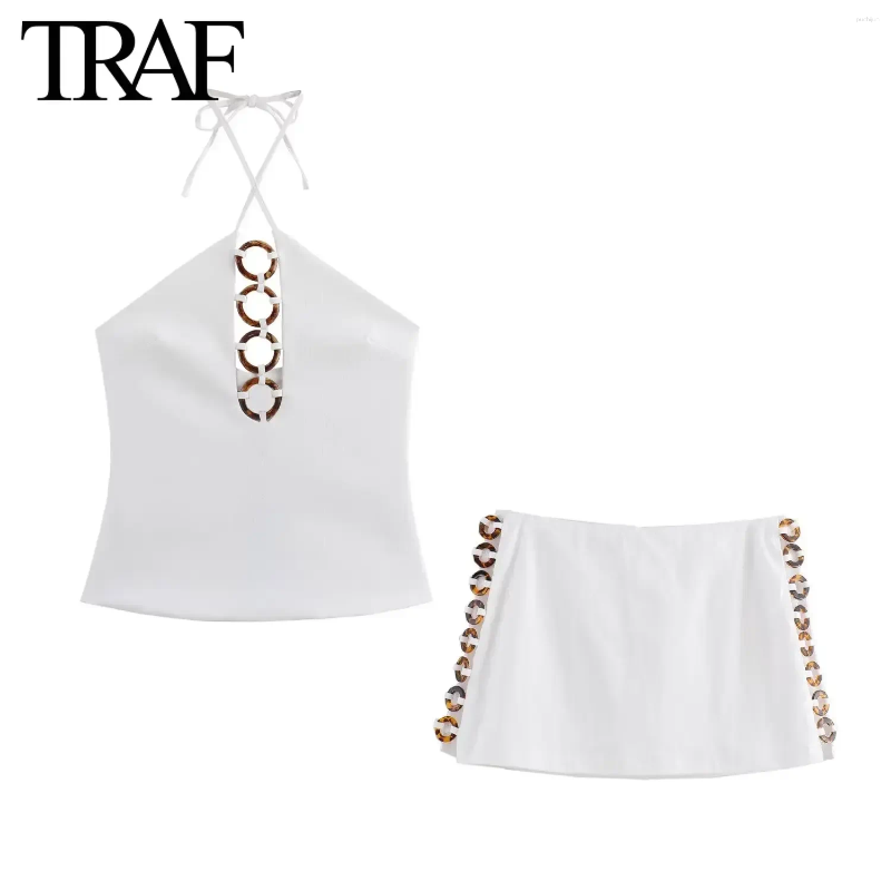 Women's Tracksuits Women Fashion 2pc Sleeveless Halter Zip Vest Jacket Chic Female High Waist Culottes Skirt Pants Shorts Two-piece Set
