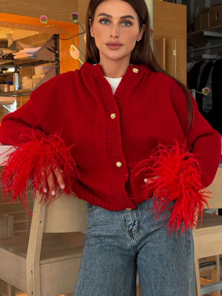 Fashion Solid Patchwork Feather Knitted Cardigan Women Chic O Neck Long Sleeve Single-breasted Sweater 2024 Lady High Streetwear 241028