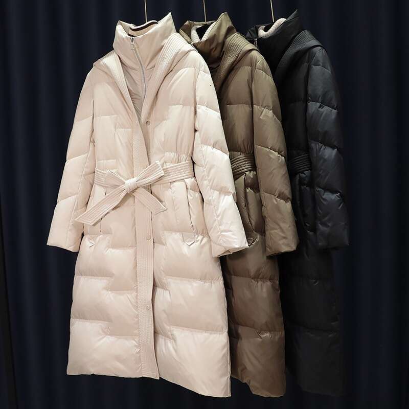 High-End White Duck Hooded Women's Down Jacket Slim Medium Long Thick Warm Coat Tide